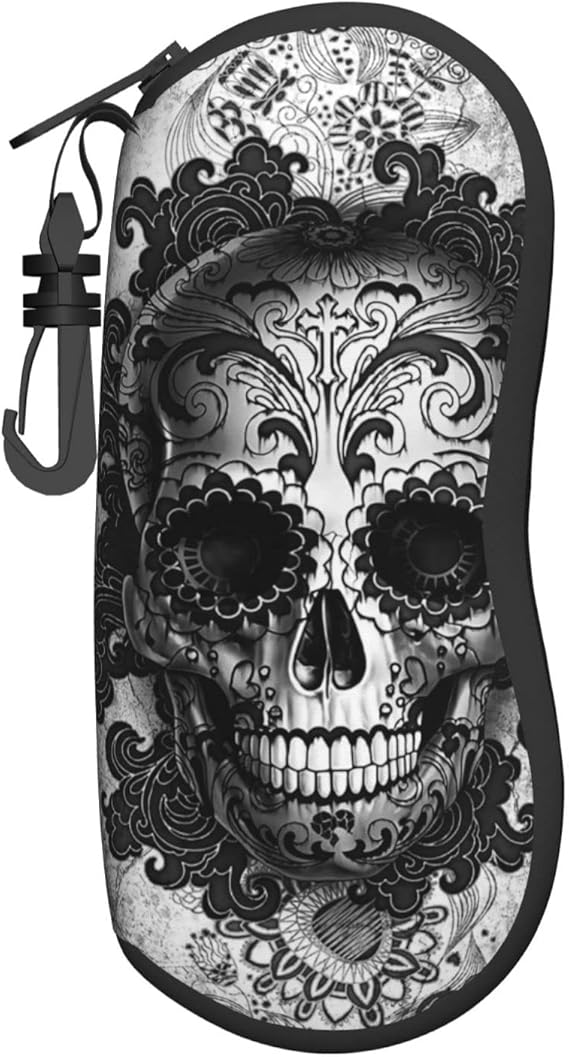 Soft Sunglasses Case for Men Women, Ultra Light Neoprene Zipper Eyeglass Portable Glasses Case with Belt Clip - sugar skull wine glass