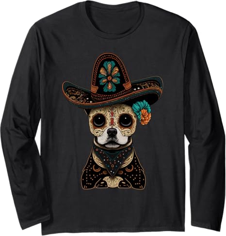 Cinco De Mayo Mexican Sugar Skull Dog - sugar skull long sleeve shirt mens