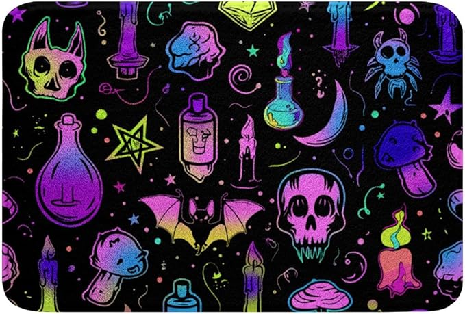 Bats Halloween Decoration,Exotic Mushroom Area Rug Bohemia Bath Rugs 16"x24",Blue Purple Sugar Skull Bath Mat Constellation Galaxy Non-Slip Soft Carpet,Zodiac Stars Moon Magical Room Decor - sugar skull area rug