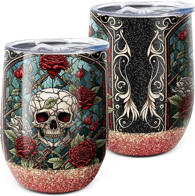 Stained Glass Skull and Roses Gift for Women,Gothic Unique Wine Tumbler Coffee Travel Mug,Day Of Dead,Halloween,Best for Gothic Lover,12 Oz with Lid Vacuum Stainless Steel Double Wall Cup (Pack of 1) - sugar skull tumbler with straw