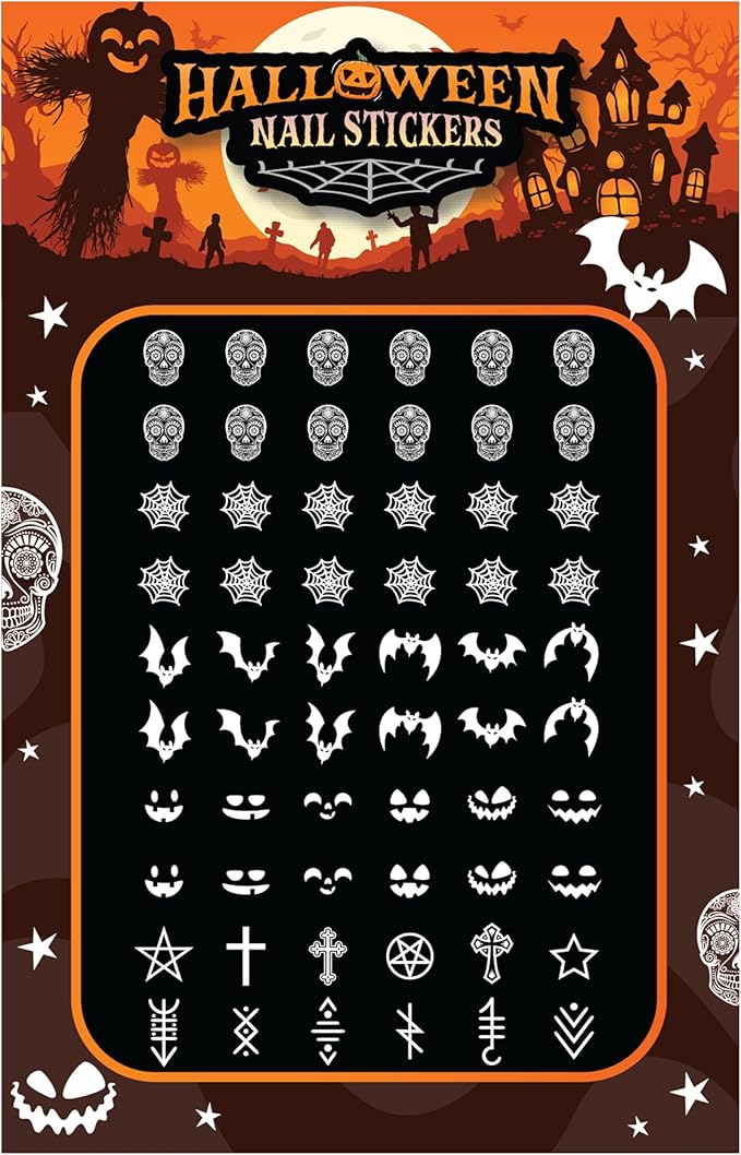 Halloween White Nail Stickers Ghost Sugar Skulls Pumpkins pentagons sppoky Kids Adults Fake Art Decal kit Transfer Set Gothic for Black Painted Nails - sugar skull nail art