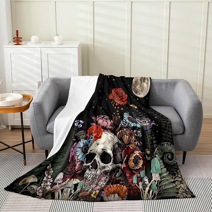 Sugar Skull Fleece Blanket,Botanical Flower Throw Blanket for Kids Boys Girls Home Decor,Starry Sky Sherpa Blanket Halloween Gothic Soft Lightweight Plush Bed Blanket,Twin Size for Sofa Couch Bed - sugar skull throw blanket