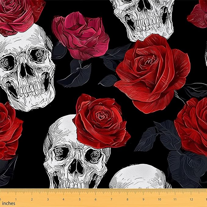 Jejeloiu Sugar Skull Fabric by The Yard, Gothic Skull Rose Flower Upholstery Fabric for Chairs,Halloween Themed Decorative Fabric for Upholstery and Home DIY Projects, 2 Yards,Red Black - sugar skull throw pillow
