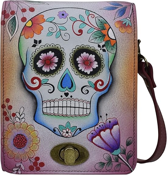 Women's Hand-Painted Leather Flap Convertible Crossbody Belt Bag - sugar skull handbags for sale