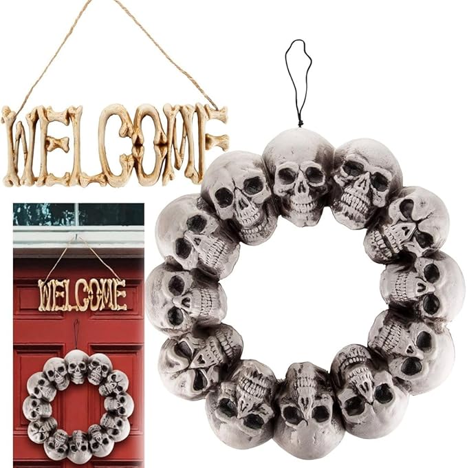 Halloween Welcome Sign and Skull Wreath 2 Pack- Decorate Your Home or Office Door, Haunted House, or Party w Fall Wall Hanging Skeleton Bone Decorations! Weatherproof Decor for Indoor or Outdoor Use - sugar skull wreath for front door