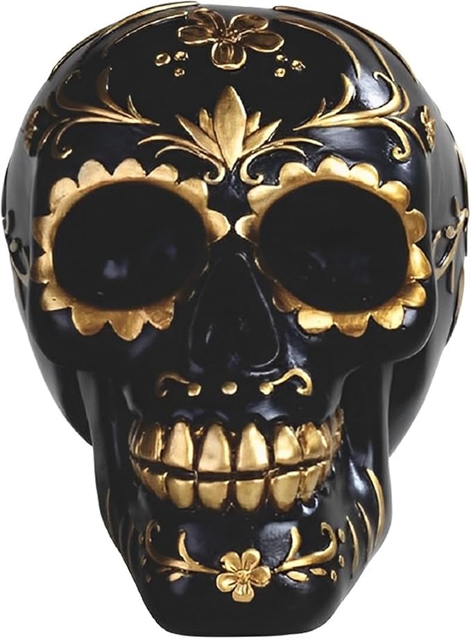 ICE ARMOR 6.25" W Day of The Dead Floral Skull Black Sugar Skull Tattoo in Gold Statue Fantasy Decoration Figurine - sugar skull figurine collectible