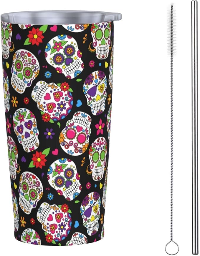 Dujiea 20oz Tumbler With Lid And Straw, Day Of The Dead Sugar Skulls Vacuum Insulated Iced Coffee Mug Reusable Travel Cup Stainless Steel Water Bottle - sugar skull tumbler with straw
