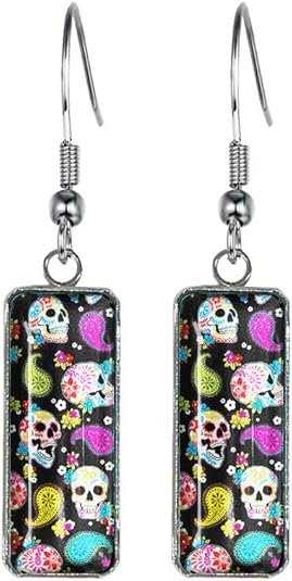WIRESTER 1 Pair Glass Rectangle Earrings Drop Dangle Earrings Fashion Jewelry Accessories For Women - sugar skull wine glass