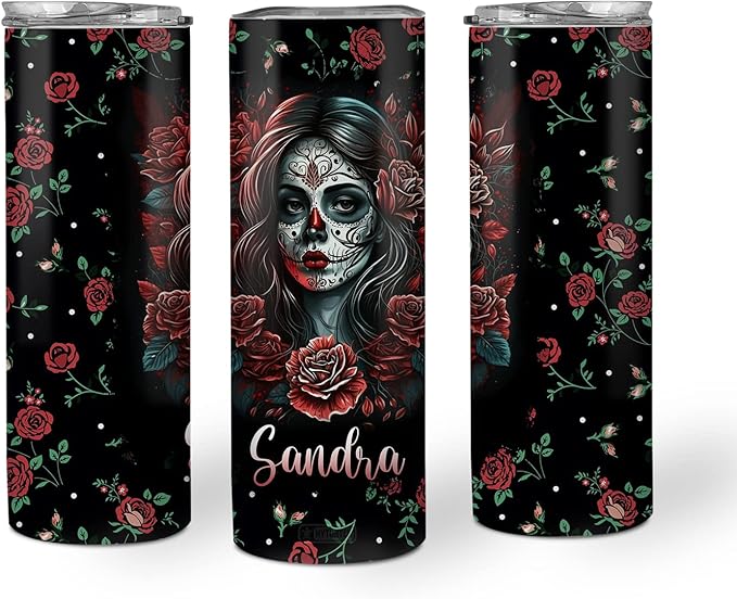 Hyturtle Personalized Skull Skinny Tumbler - Unique Goth Gothic Birthday Gifts for Women - Sugar Skull Day of The Dead - Custom Name 20oz Stainless Steel Skinny Tumbler - sugar skull tumbler with straw