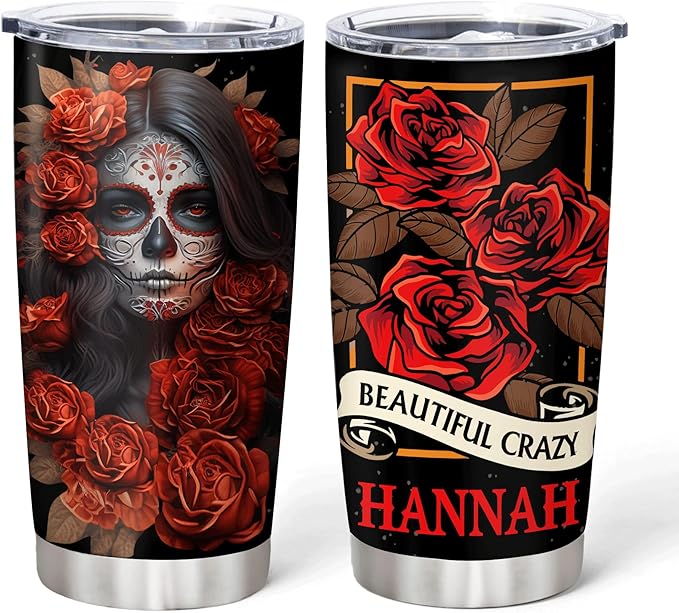 Hyturtle Personalized Sugar Skull Tumbler Gifts for Skull Lovers - Goth Gothic Birthday Mother's Day Gifts for Women - Day of The Dead Gifts - Custom Name 20oz Insulated Stainless Steel Tumbler - sugar skull tumbler with straw
