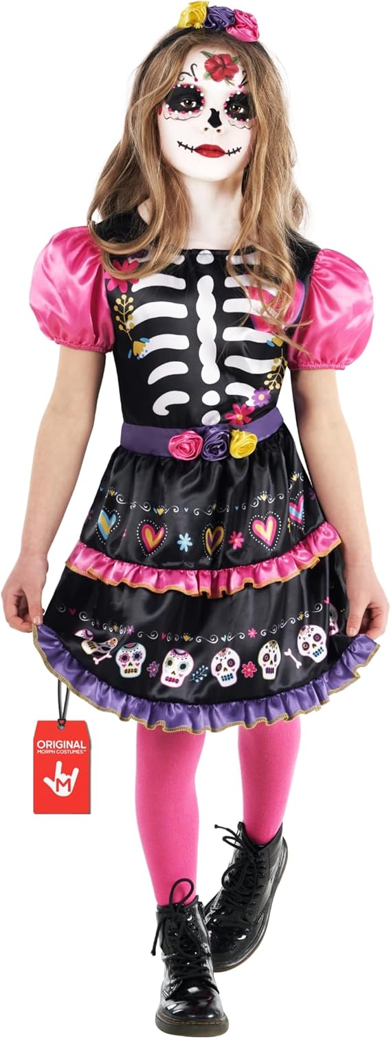Morph Day Of The Dead Costume Kids, Catrina Costume For Girls, Sugar Skull Costumes, Dia De Los Muertos, Disfraz De Catrina - sugar skull flower crown