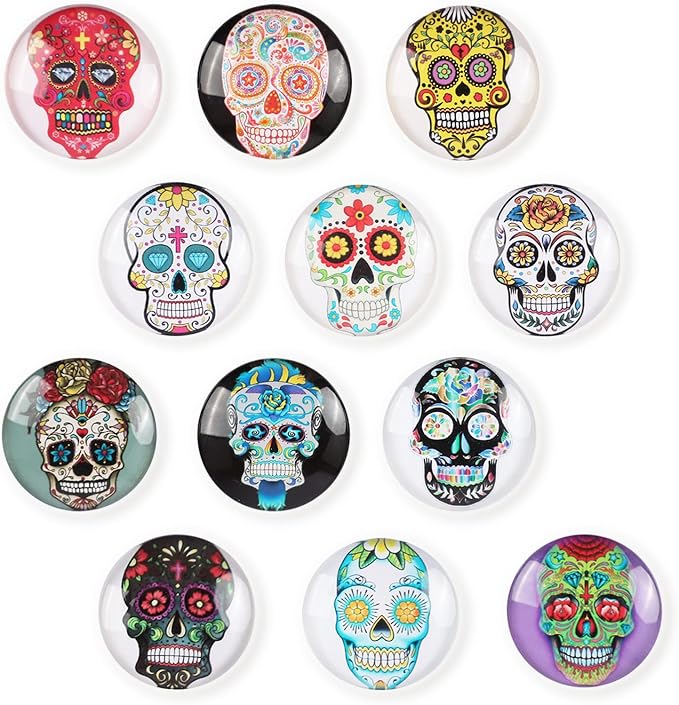 Glass Strong Refrigerator Magnets - 12 Pack Decorative Magnets for Fridge Cute Decor for Home Kitchen Office Whiteboard Locker Accessories (Skull Refrigerator Magnets) - sugar skull christmas decorations
