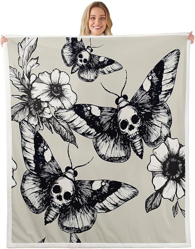 Erosebridal Moth Blanket Vintage Gothic Skull Throw Blanket Grey Black Sugar Skull Print Fleece Blanket Nature Branch Flower Decor Fuzzy Blanket Death Moth Sherpa Blanket 50”x60 - sugar skull throw blanket