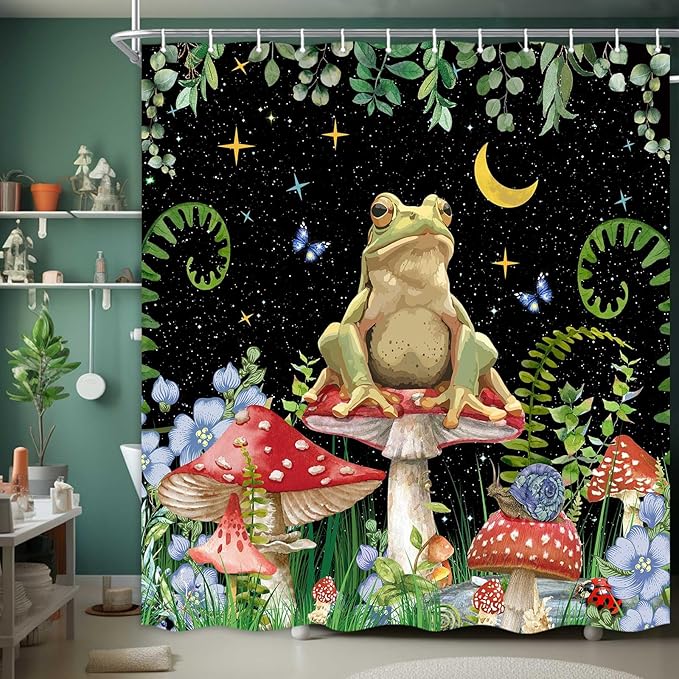 JAWO Mushroom Shower Curtain, Boho Moon Stars Aesthetic Floral Shower Curtains, Funny Frog Cottagecore Decor Kids Children Bathroom Accessories Set with Hooks, 69 x 70 Inches Black - sugar skull shower curtain set