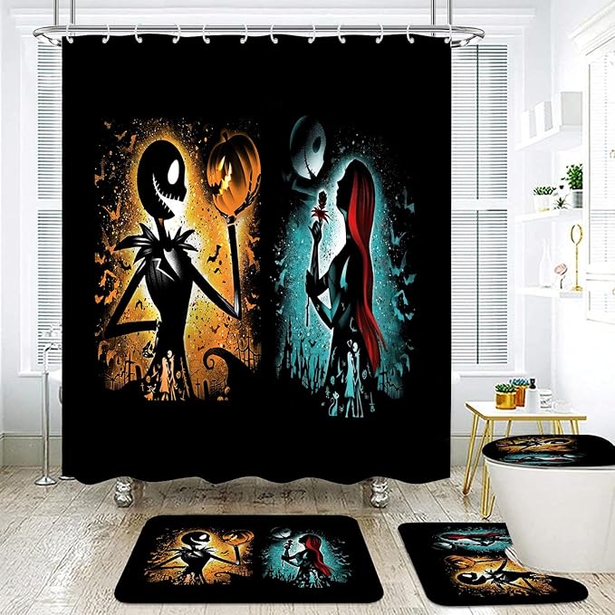 4 Pcs Nightmare Before Halloween Christmas Bathroom Shower Curtain Sets, Cool Cartoon Pumpkin-King Jack Skellington and Sally Shower Curtain Bathroom Decor Set with 12 Hooks (Color-19) - sugar skull shower curtain set