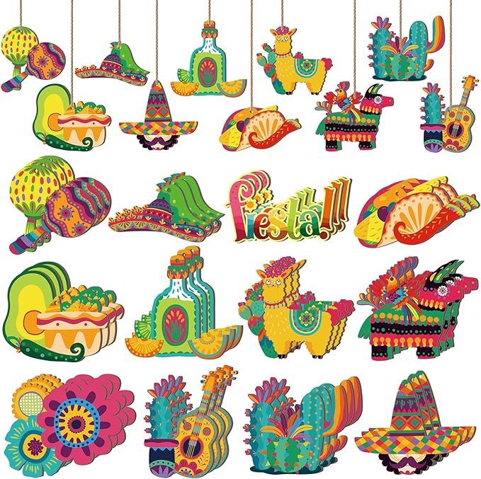 36 Pcs Christmas Mexican Fiesta Wooden Ornaments Cinco De Mayo Tree Ornament Mexican Theme Fiesta Hanging Decoration Piñata Sign Cinco De Mayo Photo Props Tree Decor for Party Supplies Outdoor - sugar skull christmas ornament