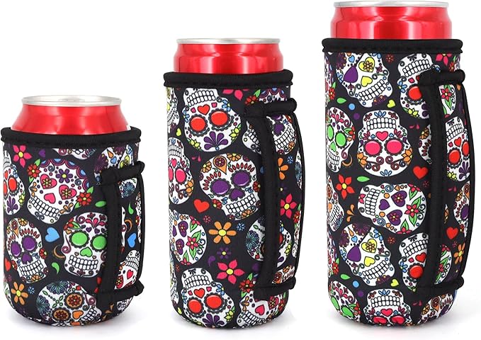 3 Pack Reusable Neoprene Insulated Can Sleeve with Handle for Soda, Energy drink, Pop, Beer, Hard Seltzer, Can Coosies For 12oz & 16oz Can, 12oz Slim can (Floral Sugar Skull(3Pack)) - sugar skull wine glass