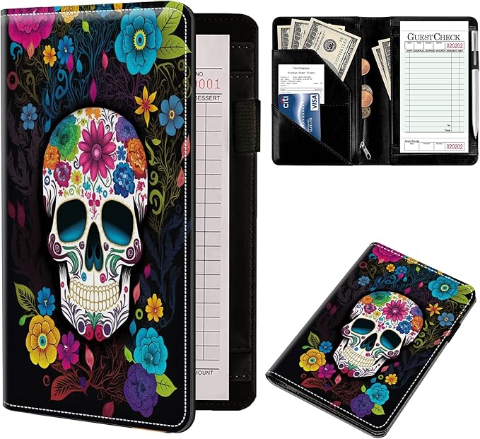 Server Book Organizer, Server Books for Waitress, PU Leather Waiter Book Organizer - sugar skull apron for women