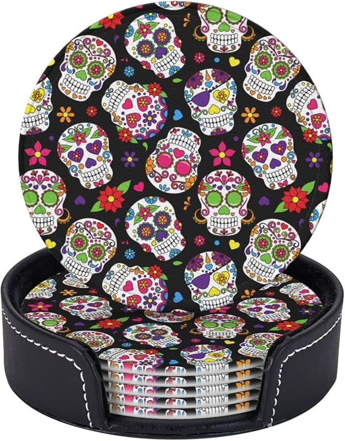 Famame Day of The Dead Sugar Skulls Leather Coasters for Drinks with Holder Coaster Sets 6 Pcs Drink Table Cup Coasters for Living Room Kitchen Coffee Decor - sugar skull coffee cup