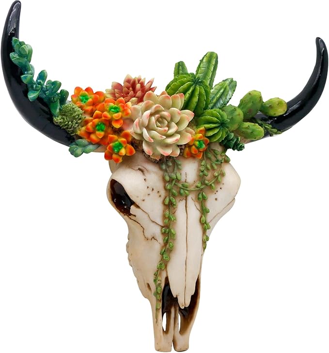 Rustic Western Home Decor - Tribal Wall Art, Western Long Horn Bull Skull, Cow Buffalo Skull, Bison Animal Head Wall Hanging with Succulents for Bedroom, Living Room - sugar skull canvas wall art