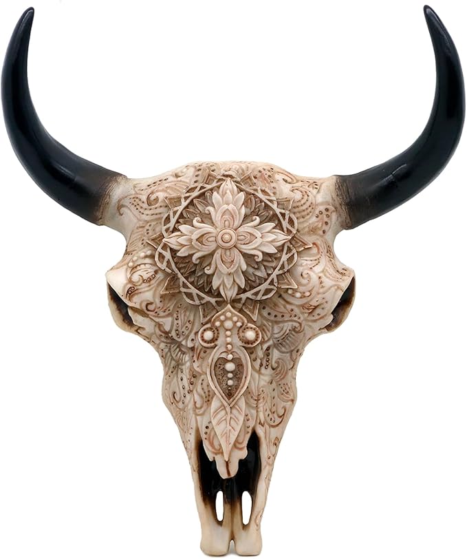 alikiki Boho Cow Skull Decor - 9.3” L Faux Bull Skull Wall Handing Resin Animal Steer Head Skull Ornament Western Bohemia Room Ideas Decorations - sugar skull canvas wall art