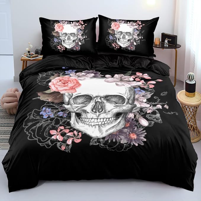 Classic Skull and Roses Duvet Cover Set Queen Size Gothic Skull Bedding Set Skeleton Bones Comforter Cover for Kids Adults Women Room Decor - sugar skull bedding set