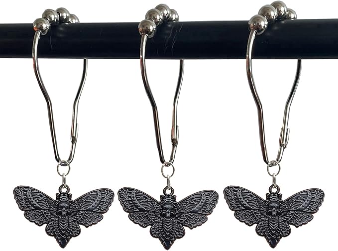 Skull Death's-Head Hawkmoth Shower Curtain Hooks Rings,12Pcs Dead Moth with Skull Face Halloween Rustproof Metal Shower Rings,Gothic Style Insect Theme Home Bathroom Decor - sugar skull shower curtain set
