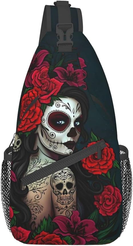 Sugar Skull Rose Crossbody Backpack for Travel Hiking Chest Daypack Shoulder Sling Bag for Men Women Cycling Walking - sugar skull handbags for sale