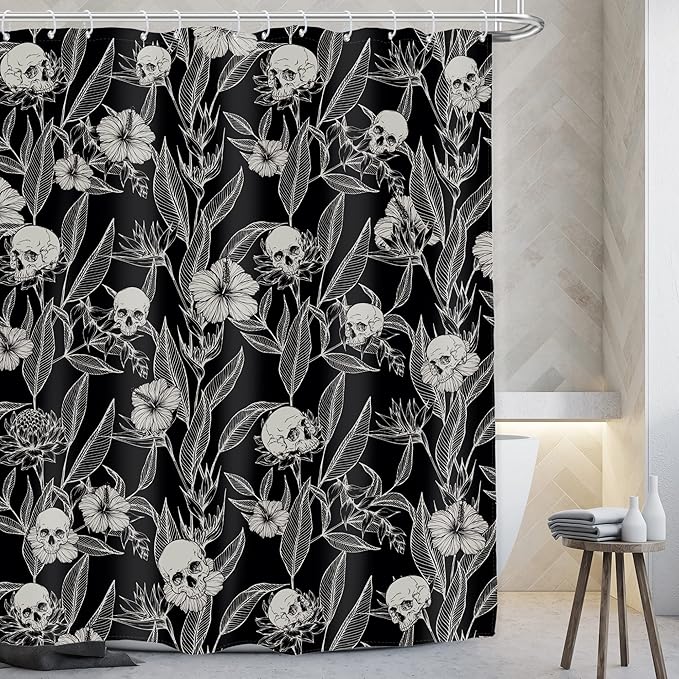 AMBZEK Gothic Skull Floral Shower Curtain 60Wx72L Inch Men Goth Skeleton Spooky Sugar Skull Flower Leaves Cool Halloween Artwork Cloth Fabric Waterproof Polyester Bathroom Decor Set with 12 Pack Hooks - sugar skull shower curtain set