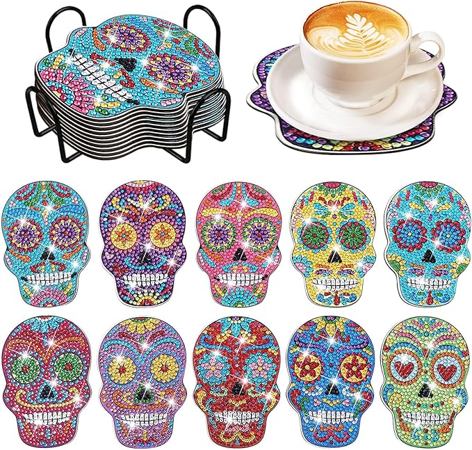 YLOLUL 10 Skull Shaped Diamond Painting Coasters Kits DIY Skull Painting Coasters with Holder for Beginners Adults and Kids Art Craft Supplies Gift - sugar skull coasters set