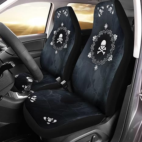 Bulopur Cute Black Gray Skull Set of 2 Car Seat Covers Universal Auto Front Seats Protector Fits for Car,SUV Sedan,Truck - sugar skull car seat covers set