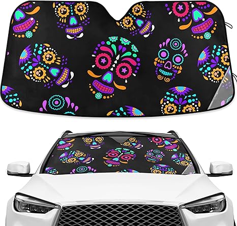 Sugar Skull Skeleton Funny Windshield Sun Shade Blocks UV Rays Sun Visor Protector Sunshade Accordion Folding Sun Reflector Auto for Car Truck SUV to Keep Your Vehicle Cool - sugar skull car sunshade for windshield