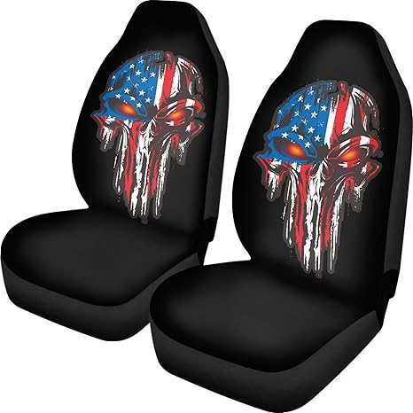 American Flag Skull Patriotic 2pcs Car Seat Covers, Front Auto Seat Cover Protectors, Universal Fit for Most Car, Truck, SUV and Van - sugar skull car seat covers set
