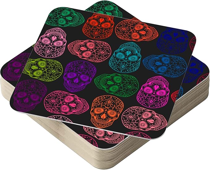 Sugar Skull Beer Mats - Pack of 24 Recyclable Cardboard Coasters - Skull Gifts Decor Accessories - Square - CO-CARD-SSK01-24 - sugar skull coasters set
