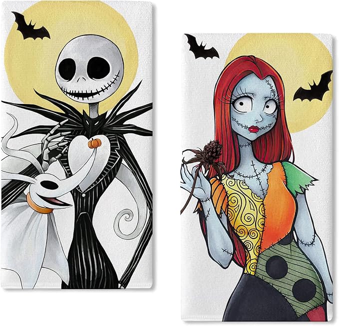 Seliem Halloween Jack Kitchen Dish Towels Set of 2, Spooky Sally Skull Ghost Moon Bat Hand Towels Drying Baking Cooking Cloth, Funny Holiday Party Home Kitchen Decor 18 x 26 Inch - sugar skull beach towel