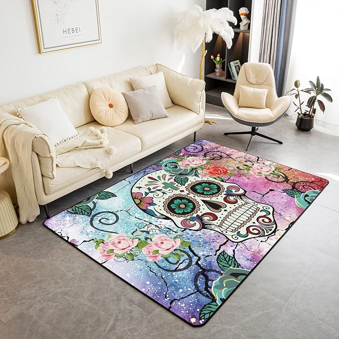 Rose Skull Area Rug 5x7 Mat Sugar Skull Skeleton Living Room Rugs Boho Gothic Bones Soft Cozy Carpet Home Decor Carpet Pink Purple Girls Room Decorative Rug - sugar skull yoga mat