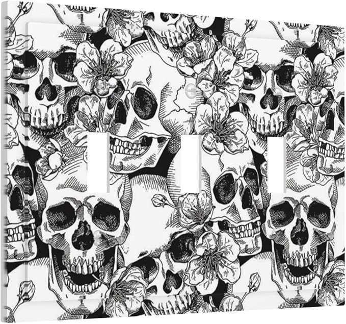 Spooky Sugar White and Black Hippie Skull Gothic Rose 3 Gang Device Light Switch Cover Skeleton Floral Butterfly Day of The Dead HalloweenDecorative Triple Toggle Wall Plate Electrical Outlet Cover - sugar skull plates set