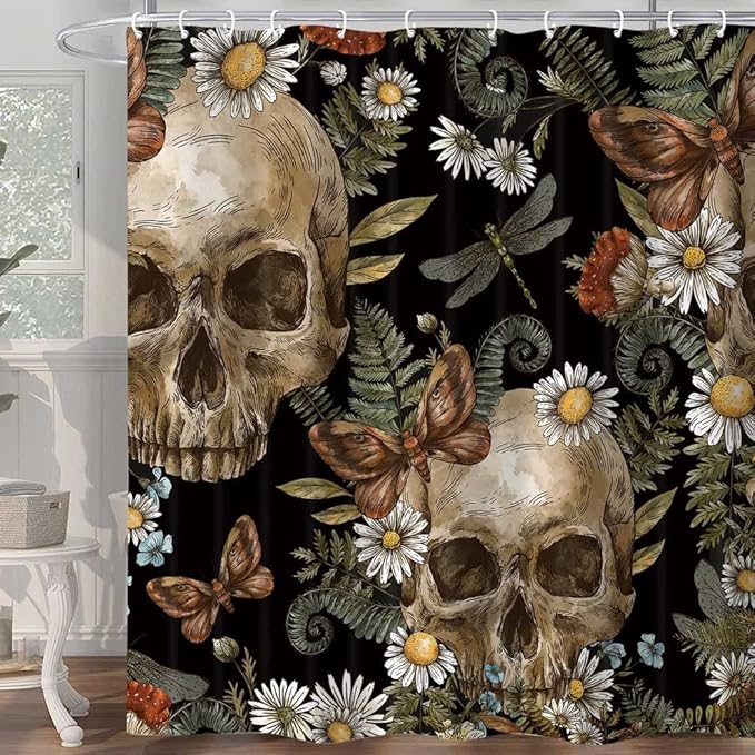 Skull Gothic Shower Curtain, Vintage Mushroom Floral Flower Daisy Bathroom Decor Set, Goth Skeleton Spooky Butterfly Artwork Cloth Aesthetic 72x72Inch Fabric Bath Accessories Set, Black - sugar skull shower curtain set