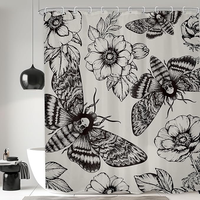 LGhtyro Gothic Skull Shower Curtain Bathroom Set 60Wx71H Inches Scary Death Head Moth Black Flower Leaves Mysterious Butterfly Bath Accessories Retro Art Home Decor Fabric 12 Pack Hooks - sugar skull shower curtain set