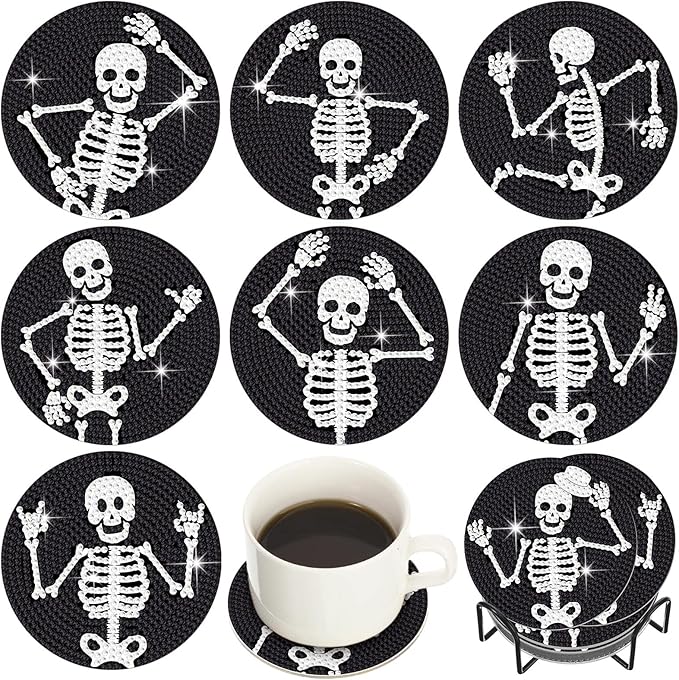 Purpeak 8 Set Diamond Coasters Skull Diamond Painting Coasters with Cork Base and Metal Holder DIY Crafts Kits for Tabletop Protection Mat for Mugs and Cups Office Kitchen 3.75 Inch - sugar skull coasters set