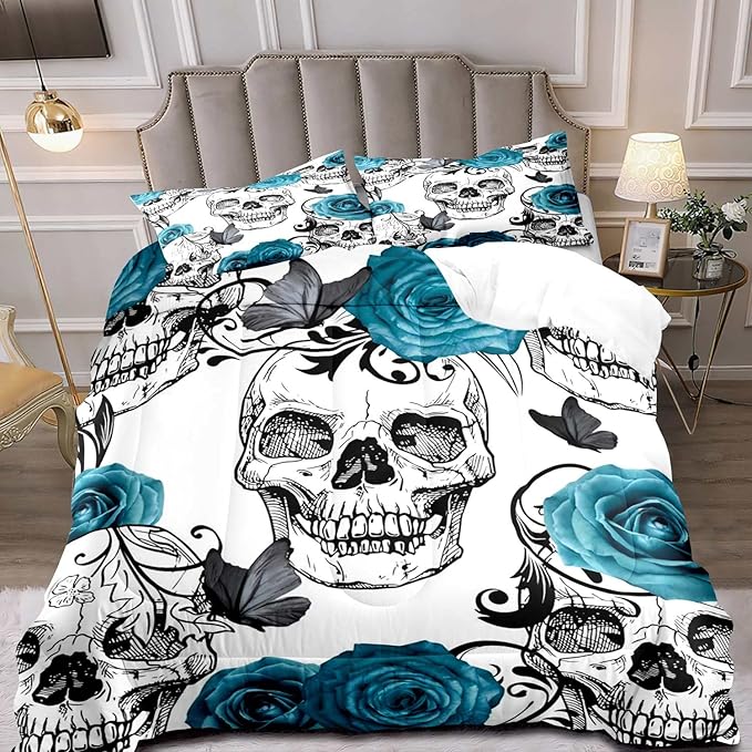 LUVIVIHOME 3PCS Sugar Skull Comforter Set Queen Size, Gothic Bedding Sets, White Quilt, Skeleton Butterfly Teal Rose Floral Room Decor for Women Men Teenage Boys Girls Bedroom Decor, 2 Pillow Shams - sugar skull throw pillow