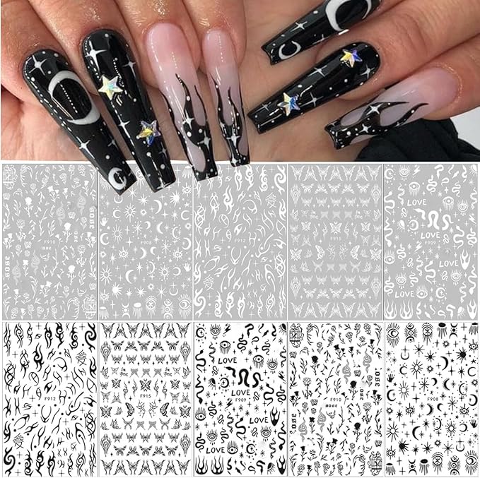10 Sheets Black White Nail Art Stickers Gothic Nail Decals 3D Goth Snake Rose Flower Butterfly Eye Fishbone Star Moon Nail Sticker Designer Nail Art Supplies French for Acrylic Nails Art Decoration - sugar skull nail art