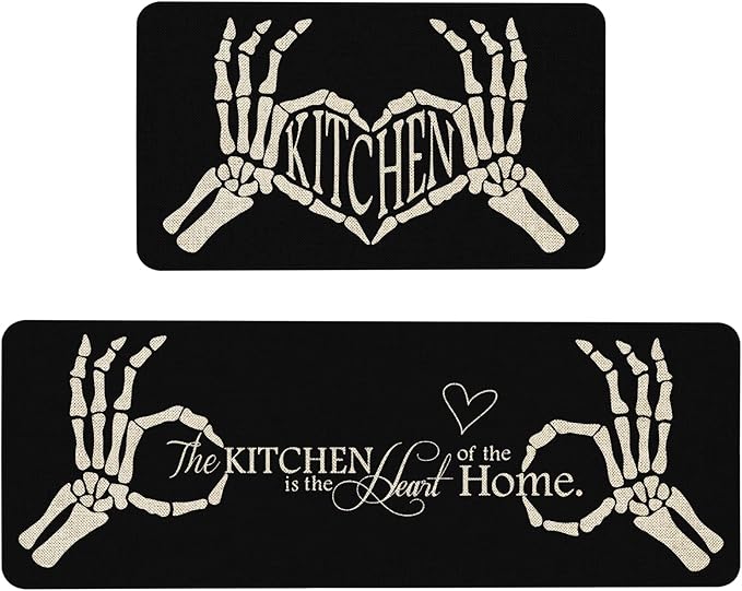 Mloabuc® Happy Haloween Kitchen Mat Set of 2,Funny Black Skull Kitchen Rug Holiday Decorative Anti Fatigue Waterproof Stain Resistant Floor Rug Non Slip Cushioned Floor Mat 17x29 and 17x47 in - sugar skull floor mat
