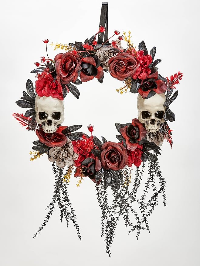 Worth Imports 22" Skull and Spooky Roses Halloween Wreath - sugar skull wreath for front door