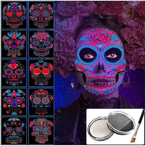 Jim&Gloria Black and White Face Paint with Brush, Waterproof Day of the Dead Tattoo Professional SFX Makeup Kit for Joker, Clown, Mime, Cosplay, Costume Skull Skeleton, Sports Body Painting Set - sugar skull makeup kit
