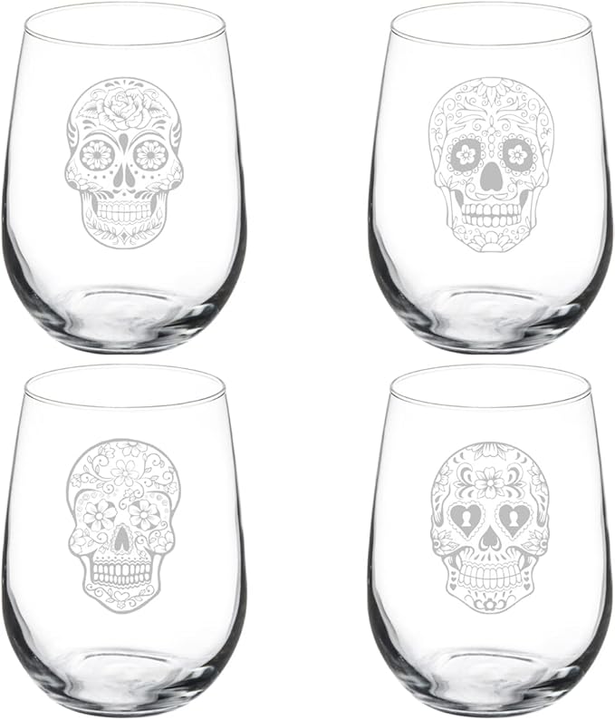 MIP Set of 4 Wine Glass Gift Goblet Sugar Skull Collection (17 oz Stemless) - sugar skull coffee cup