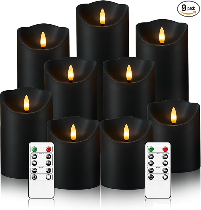 Flameless Candles with Remote, Battery Operated Flickering Flameless Candles, LED Candles with Timer 2/4/6/8H, with Realistic LED Candles Set of 9 (D3 x H 3" 4" 5" 6" 7") (Black) - sugar skull candle holder