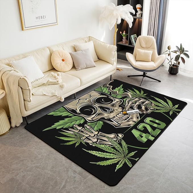 Marijuana Leaves Carpet, Sugar Skull Area Rug 5x7, Cannabis Leaves Weed Decorative Rug for Kids Teens Adult, Skeleton Bones Living Room Rugs Mat for Bedroom Living Room Bedside, Black Green - sugar skull area rug