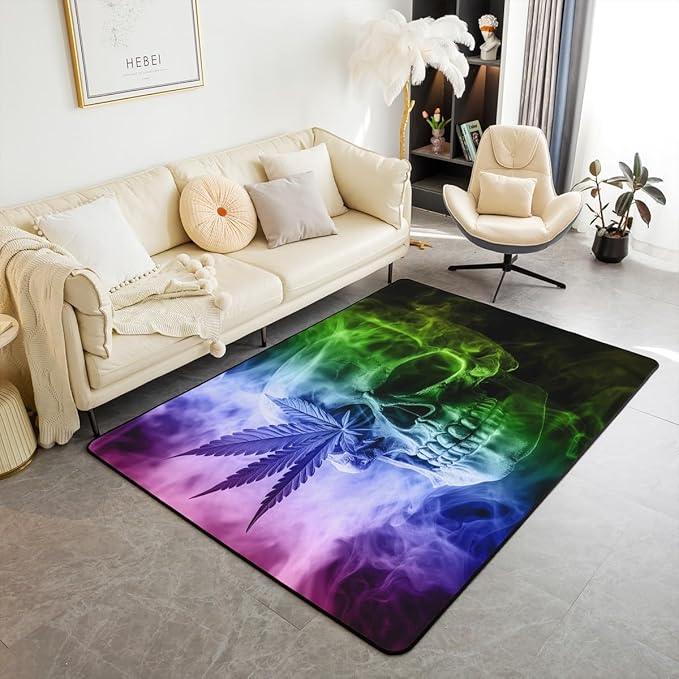 jejeloiu Marijuana Weed Leaf Area Rug 3x5 Sugar Skull Rugs for Living Room Bedroom Skull Print Blue Grey Accent Rug - sugar skull area rug
