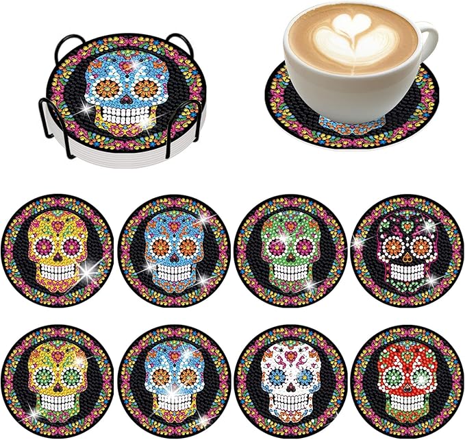 8Pcs Halloween Skull Diamond Coaster with Holder DIY Day of The Dead Art Painting Coaster for Beginners - sugar skull coasters set